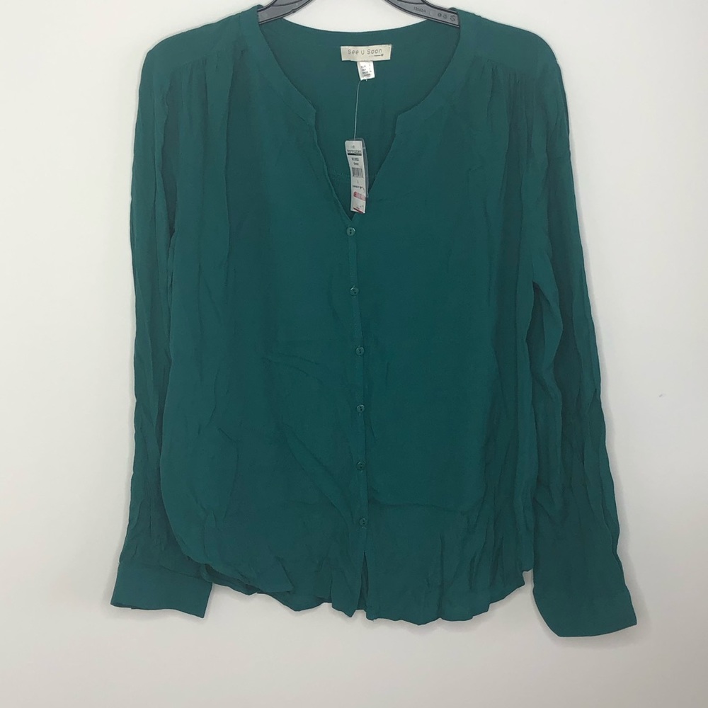 Bloomingdales see you soon green blouse